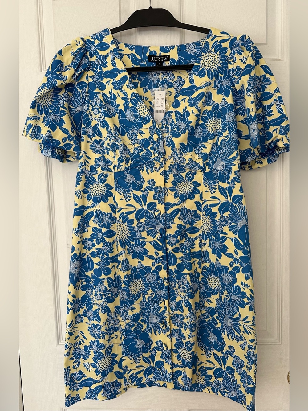 J. Crew Blue Floral Button-Front Dress on Yellow (Size 10)
